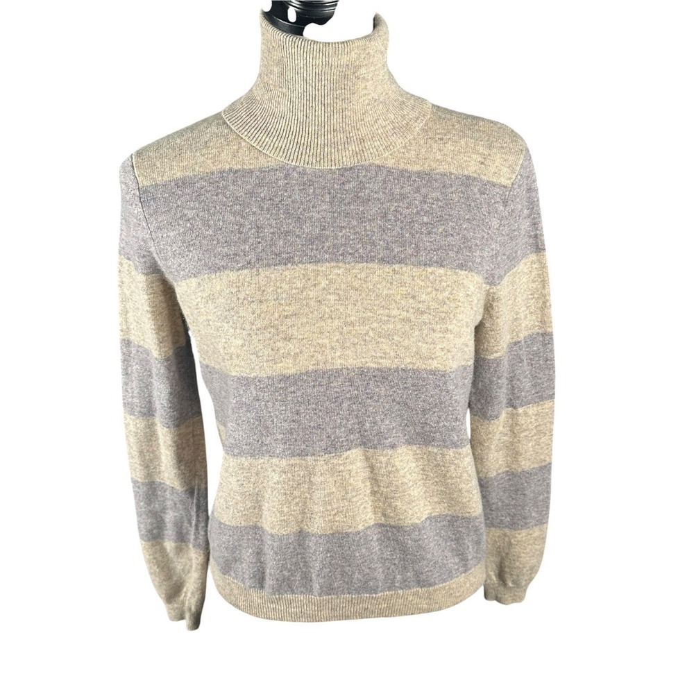 Theory Cropped Wool Cashmere Striped Turtleneck Sweater Gray/Beige size S/P
